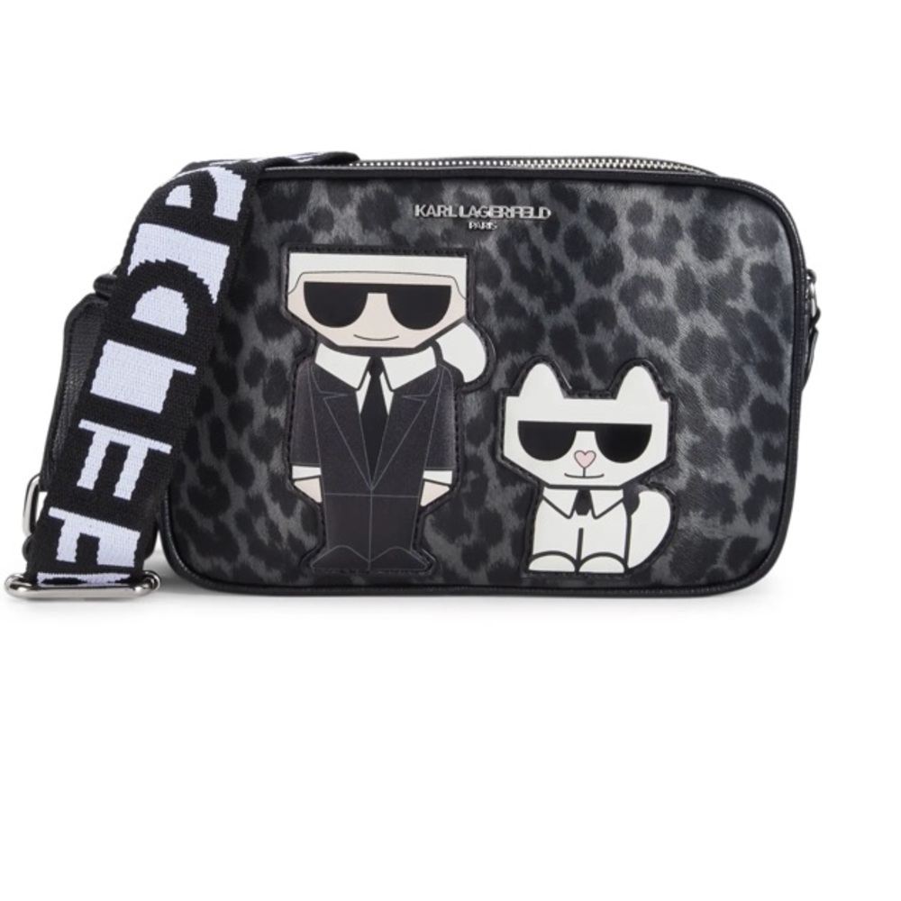 Karl Lagerfeld Black and White Leopard Print Crossbody Camera Bag